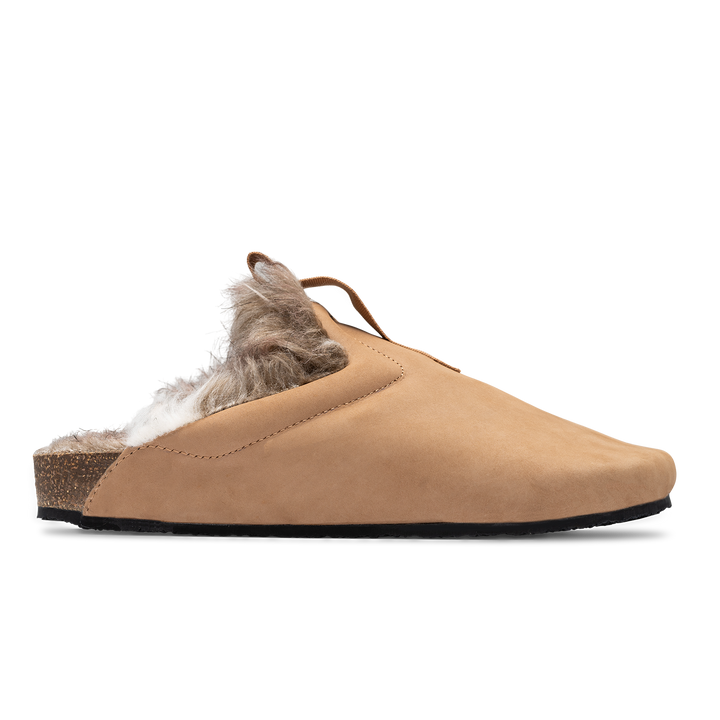 Side view / Bantha Sand Crest is a Mule with faux fur lining. - Tan smooth nubuck cork midsole and vibram sheet rubber bottom.