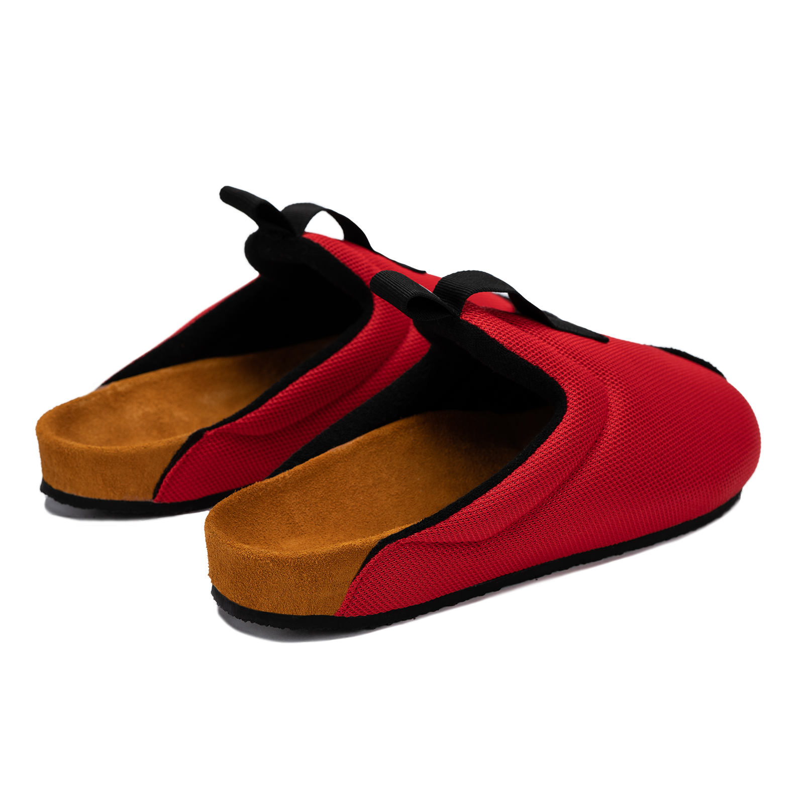 Back 3/4 view antha 2.0 Red is a Mule made of red mesh with a Black hairy suede to overlay, cork midsole with suede top lining Black VIbram rubber bottom and woven top pull