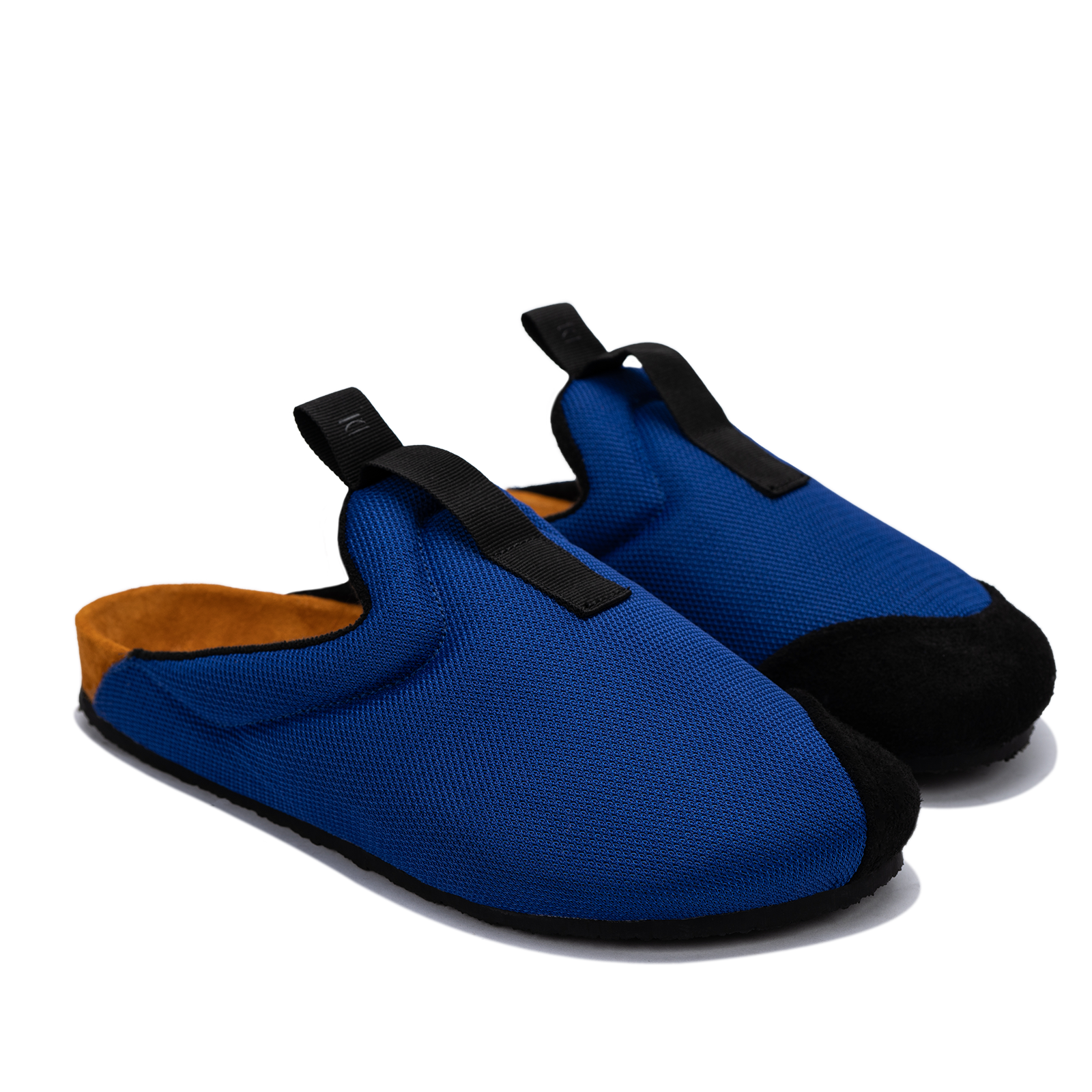 3/4 view Bantha 2.0 Royal is a Mule made of Royal Blue mesh with a Black hairy suede to overlay, cork midsole with suede top lining Black VIbram rubber bottom and woven top pull