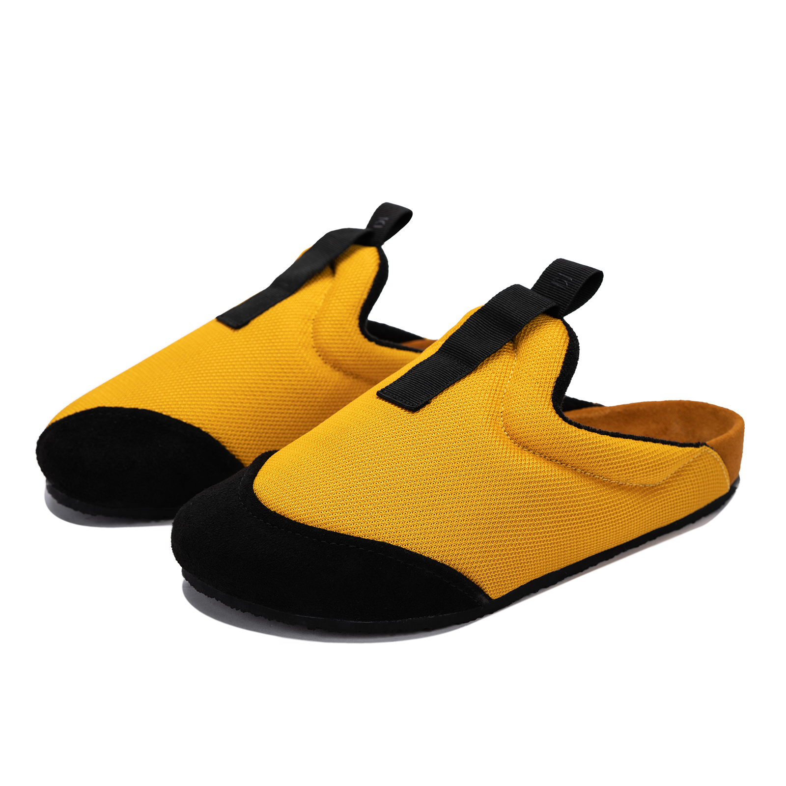 3/4 view Bantha 2.0 Yellow is a Mule made of Yellow mesh with a Black hairy suede to overlay, cork midsole with suede top lining Black VIbram rubber bottom and woven top pull
