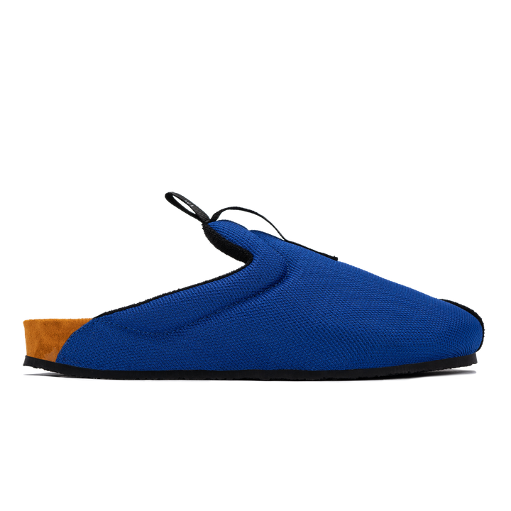 profile view Bantha 2.0 Royal is a Mule made of Royal Blue mesh with a Black hairy suede to overlay, cork midsole with suede top lining Black VIbram rubber bottom and woven top pull